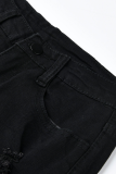 Black Casual Patchwork Draw String Mid Waist Skinny Denim Jeans