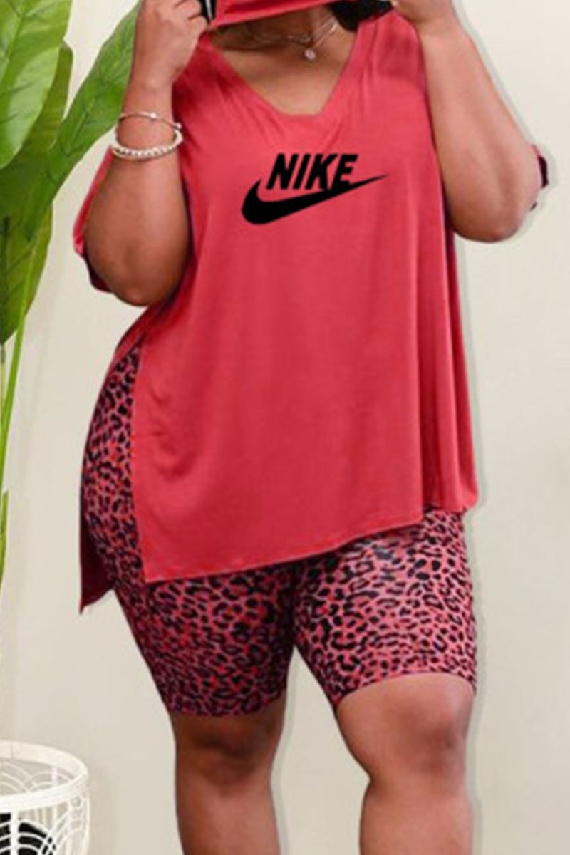 

Red Fashion Casual Print Split Joint V Neck Plus Size Two Pieces