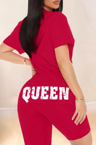 Red Fashion Casual Letter Print Basic O Neck Short Sleeve Two Pieces