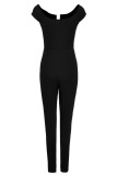 Black Euramerican Dew Shoulder Skinny One-piece Jumpsuit