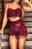 Wine Red Sexy Solid Two Piece Suits Sequin Patchwork tassel Straight Sleeveless Two-Piece Short Se