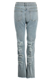 Light Blue Fashion Front And Rear Shredded Black Jeans