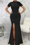 Black Sexy Solid Patchwork Slit With Bow Half A Turtleneck Straight Dresses