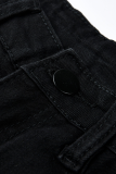 Dark Blue Casual Patchwork Draw String Mid Waist Skinny Denim Jeans