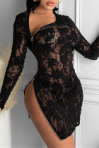 Black Fashion Sexy Solid See-through Slit Zipper Collar Long Sleeve Dresses