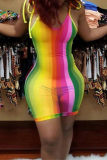 Multicolor Rainbow Color Sexy Print Bandage Spaghetti Strap Suspender Bodycorn Skinny Romper
