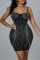 Black Sexy Solid Split Joint Backless Hot Drill Spaghetti Strap One Step Skirt Dresses