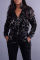 Black Fashion Casual Patchwork Sequins Zipper Collar Long Sleeve Two Pieces