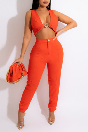 Orange Sexy Solid Patchwork V Neck Sleeveless Two Pieces