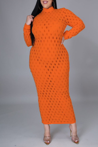 Tangerine Red Sexy Solid Hollowed Out Patchwork V Neck One Step Skirt Dresses