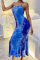 Blue Fashion Sexy Print Tie Dye Backless Cross Straps Spaghetti Strap Long Dress