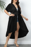 Black Casual Solid Patchwork V Neck Plus Size Overcoat