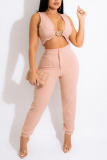 Pink Sexy Solid Patchwork V Neck Sleeveless Two Pieces