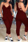 Burgundy Sexy Casual Letter Print Backless Spaghetti Strap Regular Jumpsuits