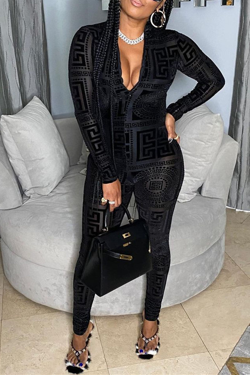 

Black Fashion Sexy Print See-through Half A Turtleneck Skinny Jumpsuits