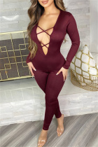 Burgundy Sexy Casual Solid Hollowed Out Backless V Neck Skinny Jumpsuits