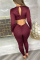 Burgundy Sexy Casual Solid Hollowed Out Backless V Neck Skinny Jumpsuits