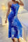 Blue Fashion Sexy Print Tie Dye Backless Cross Straps Spaghetti Strap Long Dress