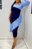 Blue Casual Solid Patchwork Flounce Asymmetrical O Neck One Step Skirt Dresses