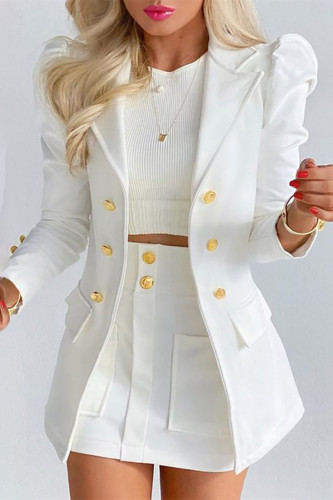 White Fashion Casual Solid Cardigan Turndown Collar Long Sleeve Two Pieces