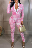 Pink Fashion Casual Print Patchwork V Neck Skinny Jumpsuits