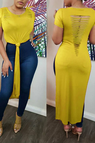 Yellow Casual Solid Hollowed Out Patchwork Slit O Neck T-Shirts