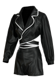 Black Fashion Sexy Solid Patchwork Turndown Collar Long Sleeve Two Pieces