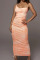 Orange Pink Sexy Print Split Joint Draw String Fold Spaghetti Strap One Step Skirt Dresses