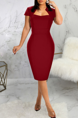 Burgundy Fashion Casual Solid Basic Short Sleeve Dress