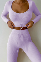 Light Purple Casual Sportswear Solid Frenulum V Neck Long Sleeve Two Pieces