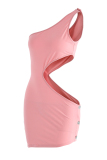 Pink Fashion Sexy Solid Hollowed Out Asymmetrical One Shoulder Sleeveless Dress