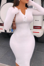 White Sexy Solid Buckle O Neck Pencil Skirt Dresses