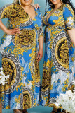 Blue White Fashion Casual Print Basic V Neck Plus Size Dresses
