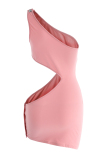 Pink Fashion Sexy Solid Hollowed Out Asymmetrical One Shoulder Sleeveless Dress