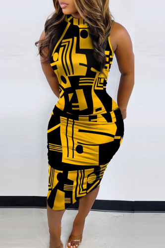 Yellow Casual Print Patchwork Half A Turtleneck Pencil Skirt Dresses