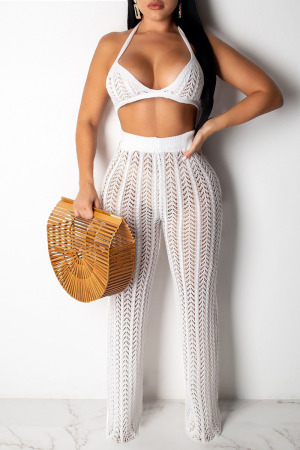White Sexy Solid Hollowed Out Patchwork Halter Sleeveless Two Pieces