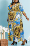 Blue Yellow Fashion Casual Print Basic V Neck Plus Size Dresses