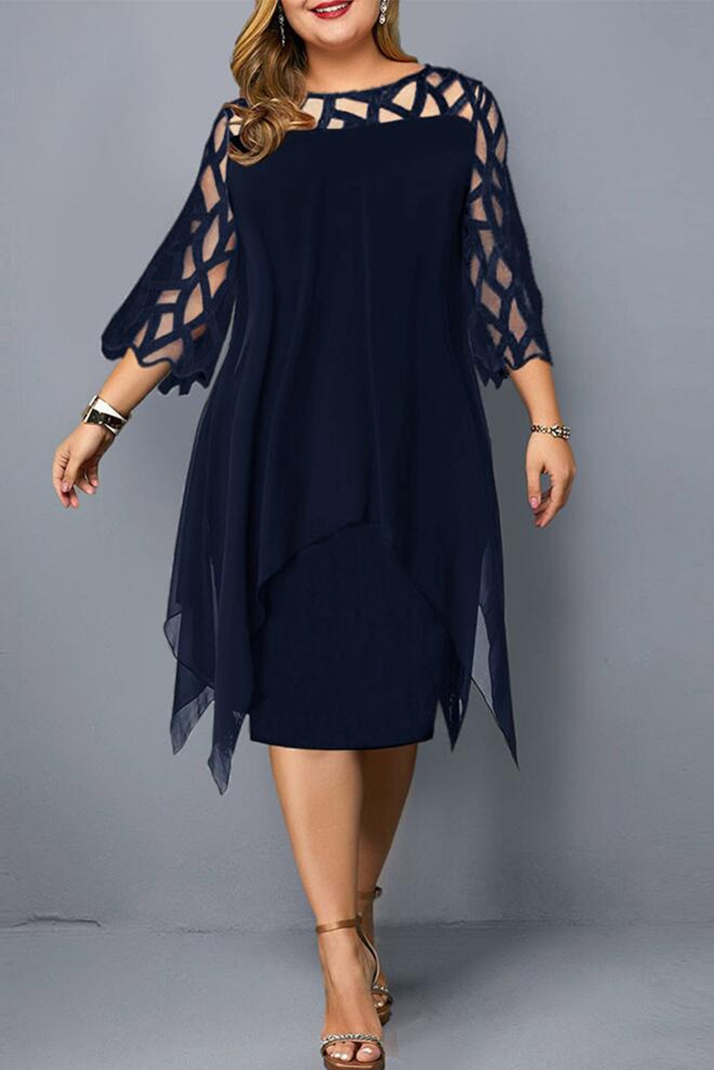 Deep Blue Casual Solid Lace O Neck Straight Plus Size Dresses_Plus Size ...