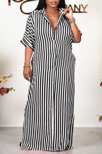 Black Casual Striped Print Patchwork Buckle Turndown Collar Shirt Dress Dresses