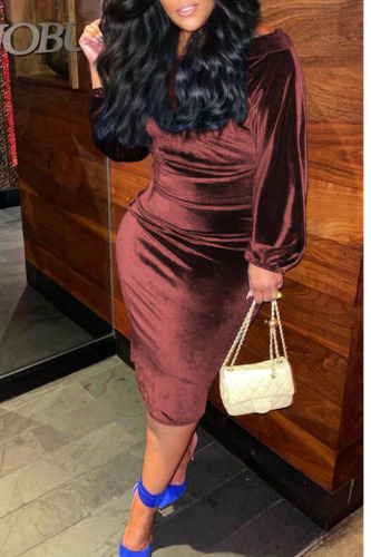 Brown Black Evening Party Off the Shoulder Long Sleeve One Step Skirt Bodycon Velvet Midi Dresses