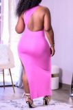 Pink Sexy Print Patchwork Backless Slit Asymmetrical O Neck Irregular Dress Dresses