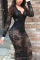 Black Sexy Europe and America Long Sleeves V Neck Princess Dress Mid-Calf lace Dresses