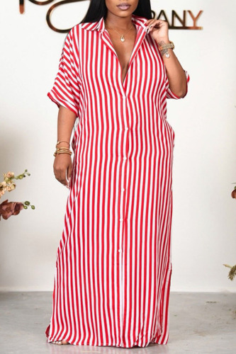 Red Casual Striped Print Patchwork Buckle Turndown Collar Shirt Dress Dresses