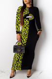 Green Casual Print Leopard Patchwork O Neck One Step Skirt Dresses