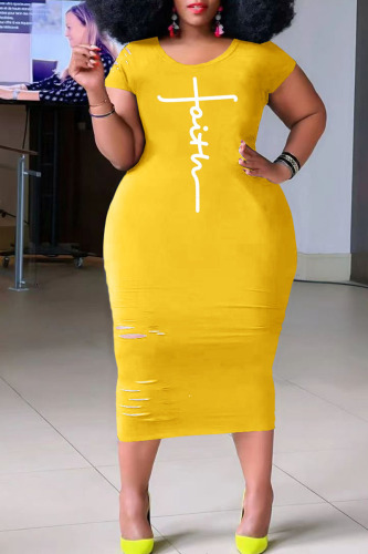 Yellow Casual Print Ripped Patchwork O Neck Straight Plus Size Dresses