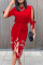Burgundy Fashion Casual Print Hollowed Out Fold O Neck Dresses