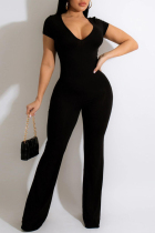 Black Fashion Casual Solid Basic V Neck Regular Jumpsuits