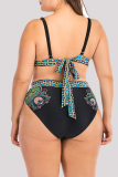 Multicolor Sexy Print Bandage Hollowed Out Backless V Neck Plus Size Swimwear Set
