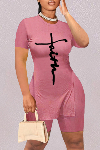 Pink Fashion Casual Print Slit O Neck Short Sleeve Two Pieces