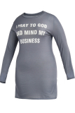 Grey Fashion Casual Plus Size O Neck Long Sleeve Regular Sleeve Letter Print T-shirt Dress